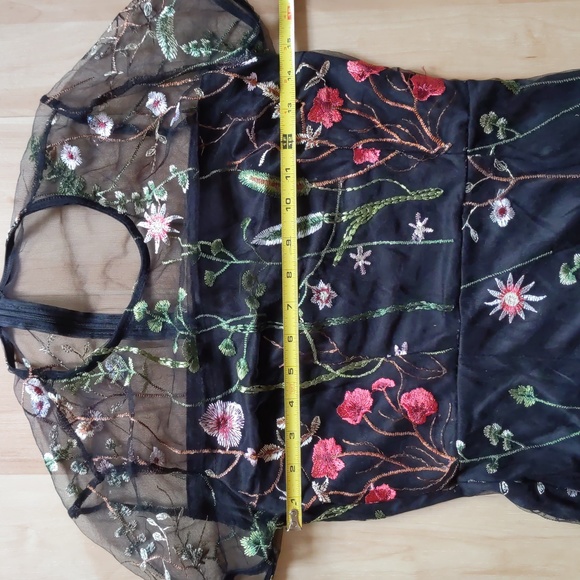 NEW Embroidered Mini Dress, S, black floral, mesh, lined, zip up, formal, sheer - Picture 8 of 16